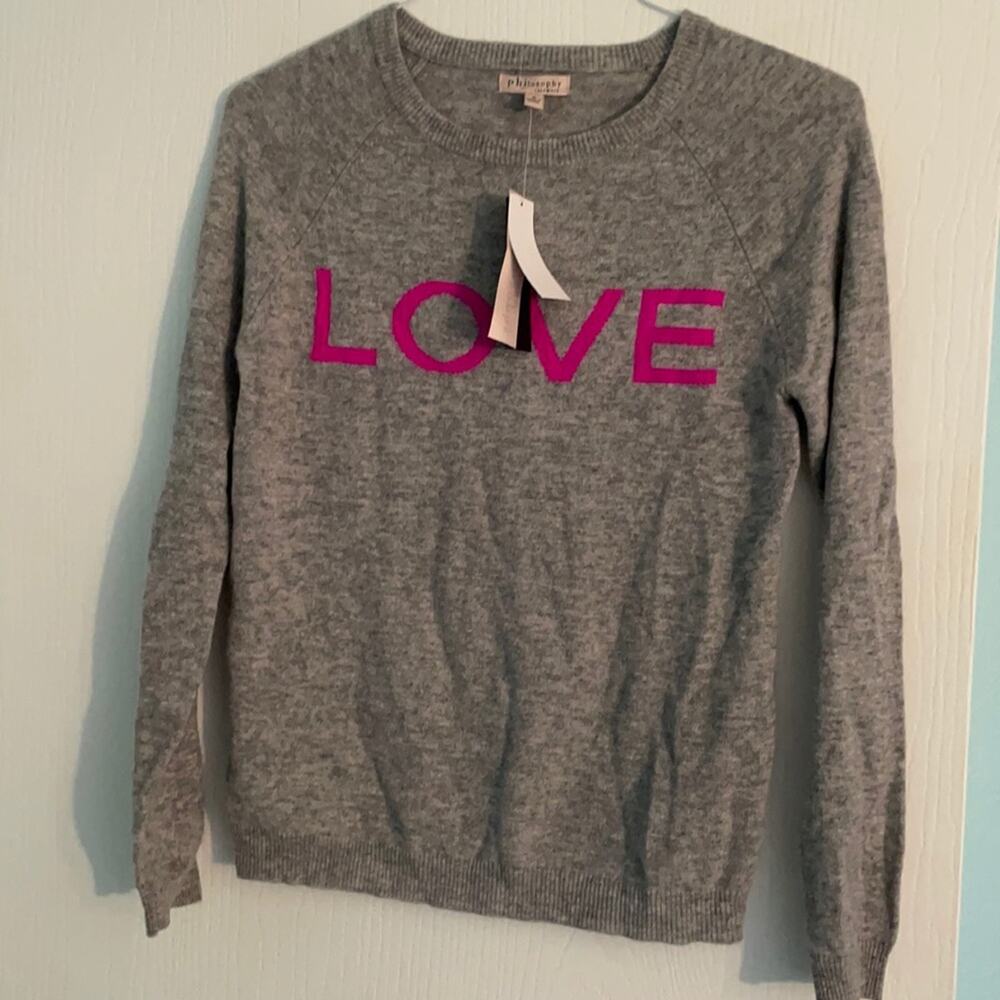 Philosophy 100% Cashmere Sweater Gray Love Crewneck Sweater NWT Valentine's Day